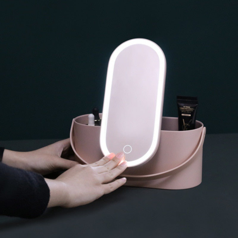 Portable Makeup Organizer Case with Touch LED Light Mirror